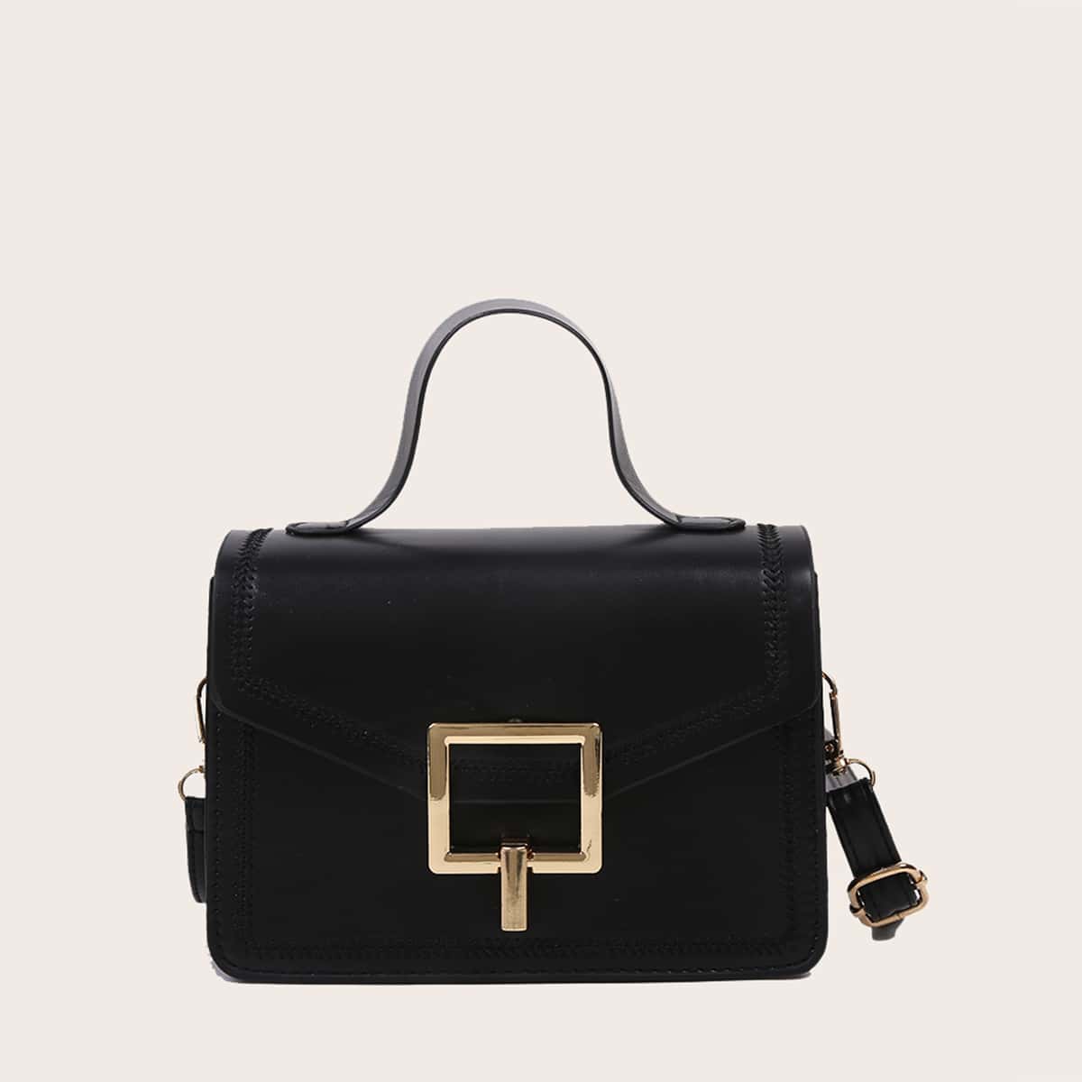 

Embroidery Trim Flap Satchel Bag, Black