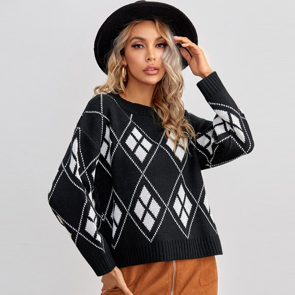 

Drop Shoulder Argyle Pattern Sweater, Black