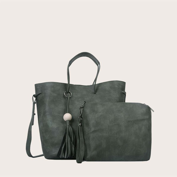 

Tassel Decor Satchel Bag With Clutch Bag, Green