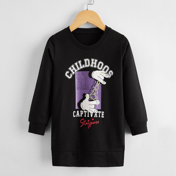 

Toddler Girl Cartoon Print Split Side Longline Sweatshirt, Black