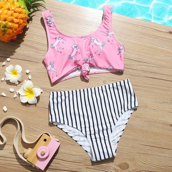 

Girls Unicorn & Striped Knot Hem Bikini Swimsuit, Multicolor