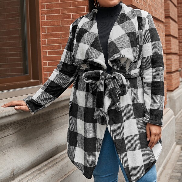 

Plus Waterfall Collar Belted Buffalo Plaid Coat, Black and white