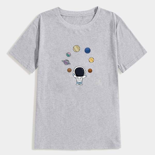 

Men Cartoon And Planet Print Tee, Light grey