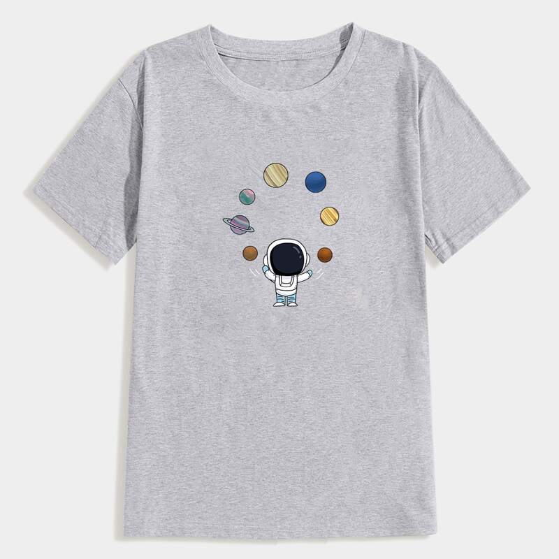 

Men Cartoon And Planet Print Tee, Light grey