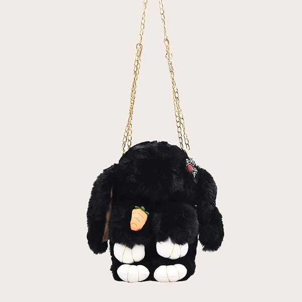 

Cartoon Rabbit Shaped Fluffy Chain Bag, Black