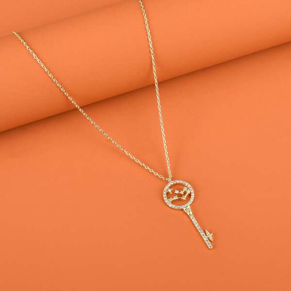 

Rhinestone Key Charm Necklace, Gold