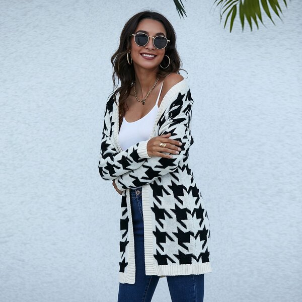 

Drop Shoulder Houndstooth Cardigan, Black and white