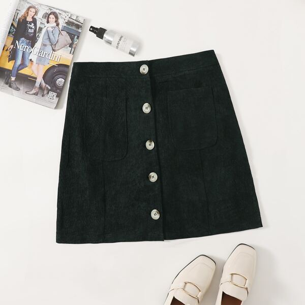 

Plus Corduroy Pocket Patched Button Front Skirt, Black