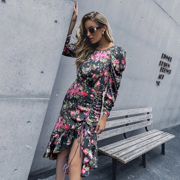 

Floral Print Tie Back Drawstring Asymmetrical Hem Dress, Multicolor