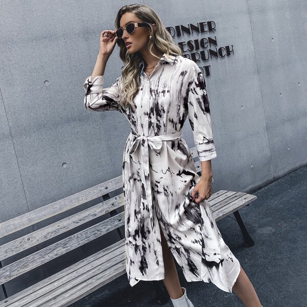 

Tie Dye Button Front Asymmetrical Hem Belted Shirt Dress, Black and white