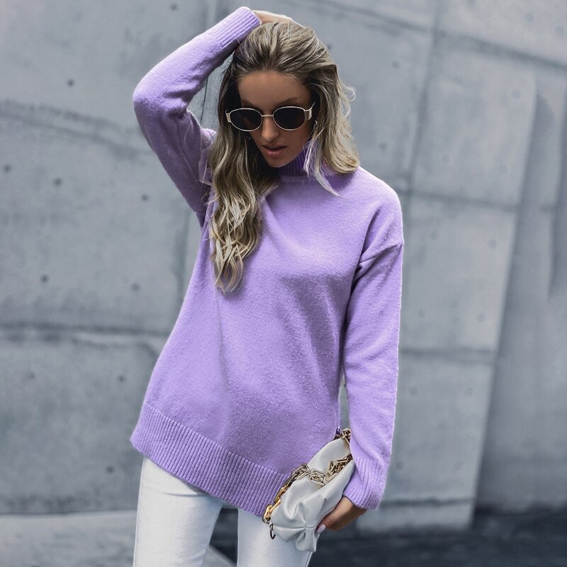 

Turtleneck Drop Shoulder Split Hem Sweater, Lilac purple