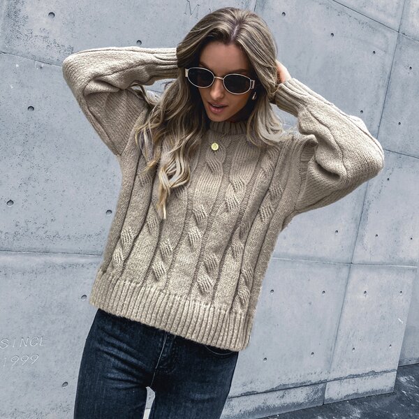 

Cable Knit Drop Shoulder Sweater, Beige