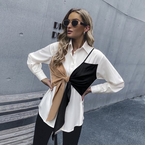 

Contrast Panel Tie Front Blouse, White