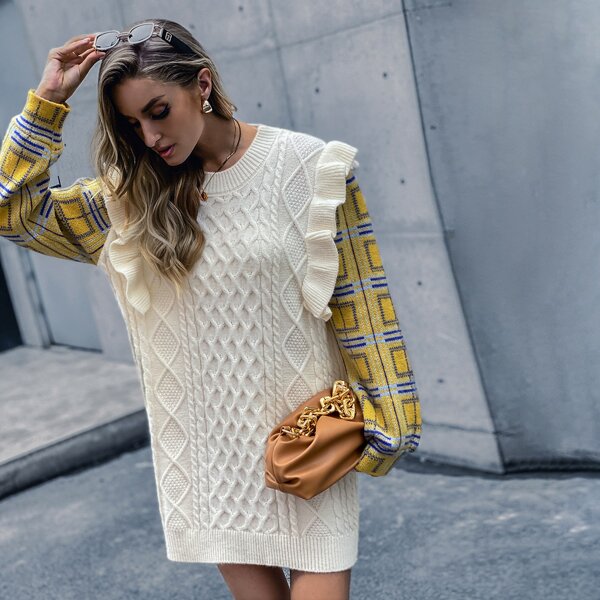 

2 In 1 Plaid Sleeve Ruffle Trim Sweater Dress, Beige