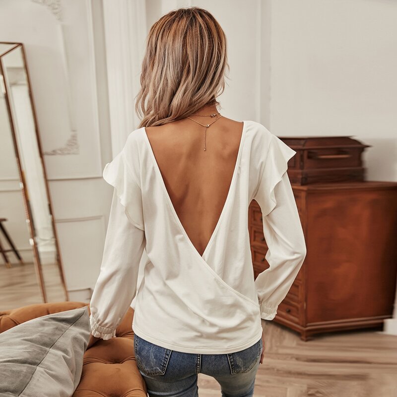 

Surplice Backless Ruffle Trim Top, White
