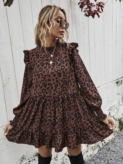 فستان بيبيدول طباعة شامل مزخرفة وقوف الياقة