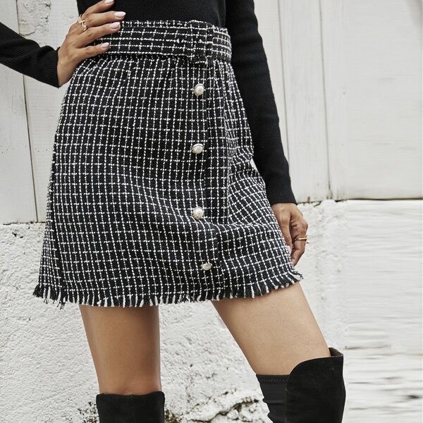 

Tweed Plaid Belted Button Front Raw Hem Skirt, Black