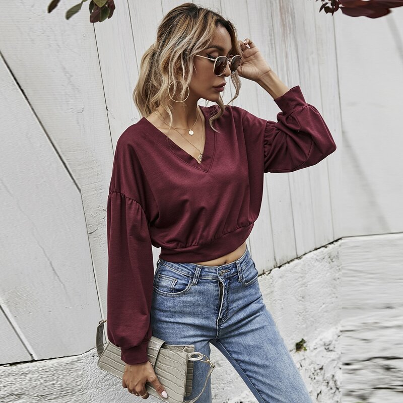 Drop Shoulder V-neck Crop Sweatshirt, Burgundy