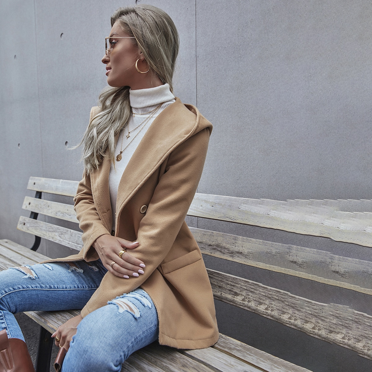 Image of Double Breasted Hooded Overcoat