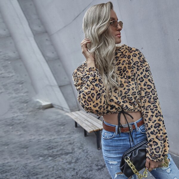 

Leopard Half Zip Flannel Crop Hoodie, Multicolor