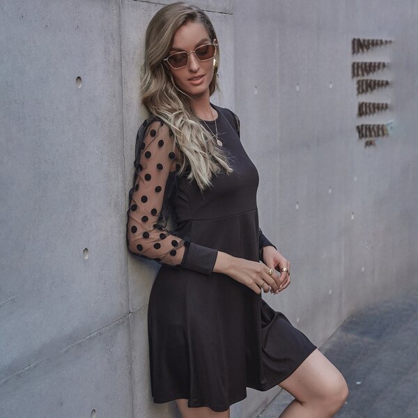 

Dobby Mesh Sleeve A-line Dress, Black