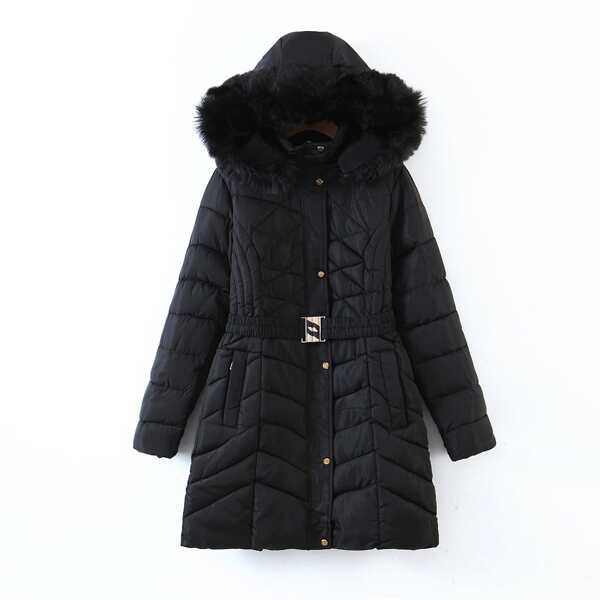 

Contrast Faux Fur Belted Hooded Puffer Coat, Black