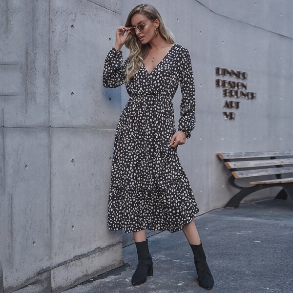 

Dalmatian Print Surplice Neck Ruffle Hem Dress, Black