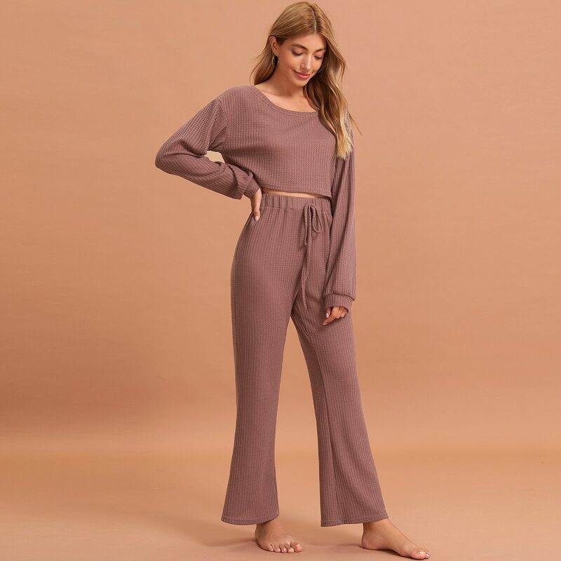 

Waffle Knit Knot Waist Solid Lounge Set, Redwood