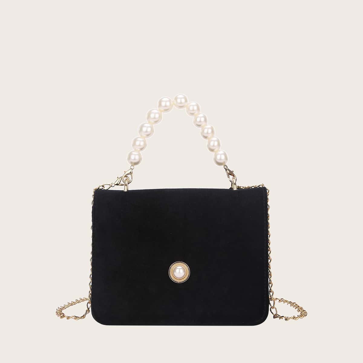 

Solid Faux Pearl Handle Satchel Bag, Black