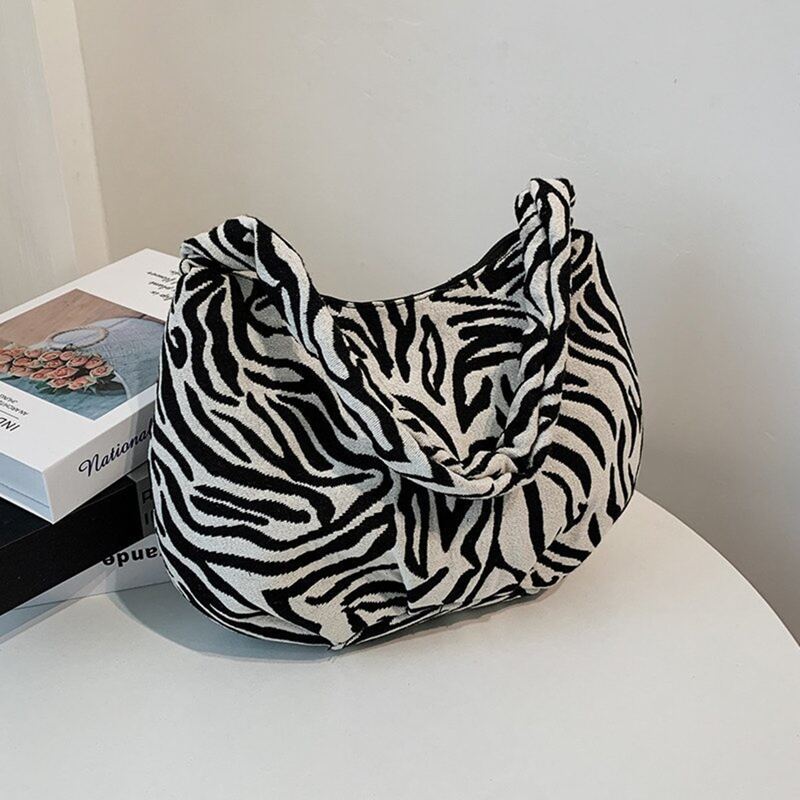 

Zebra Striped Baguette Bag, Black and white