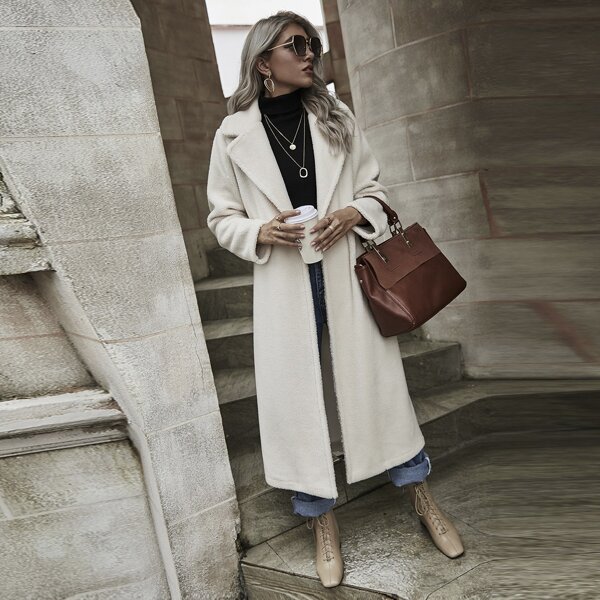

Solid Single Button Lapel Neck Teddy Coat, Beige