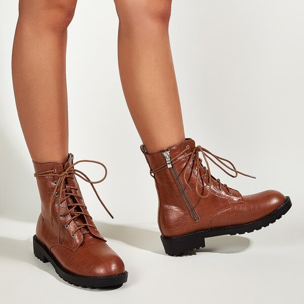 

Croc Embossed Combat Boots, Brown