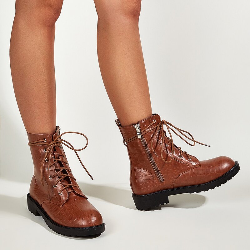

Croc Embossed Combat Boots, Brown
