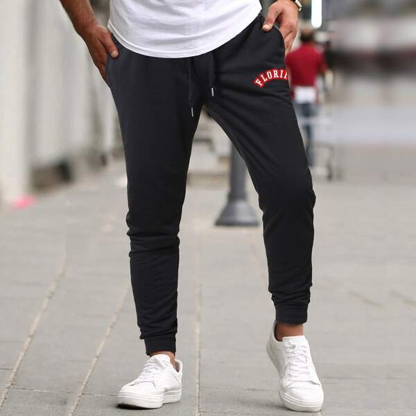 

Men Drawstring Waist Letter Embroidery Sweatpants, Black