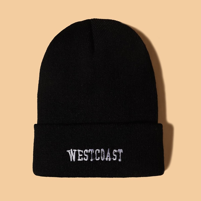 

Letter Embroidery Knit Beanie, Black
