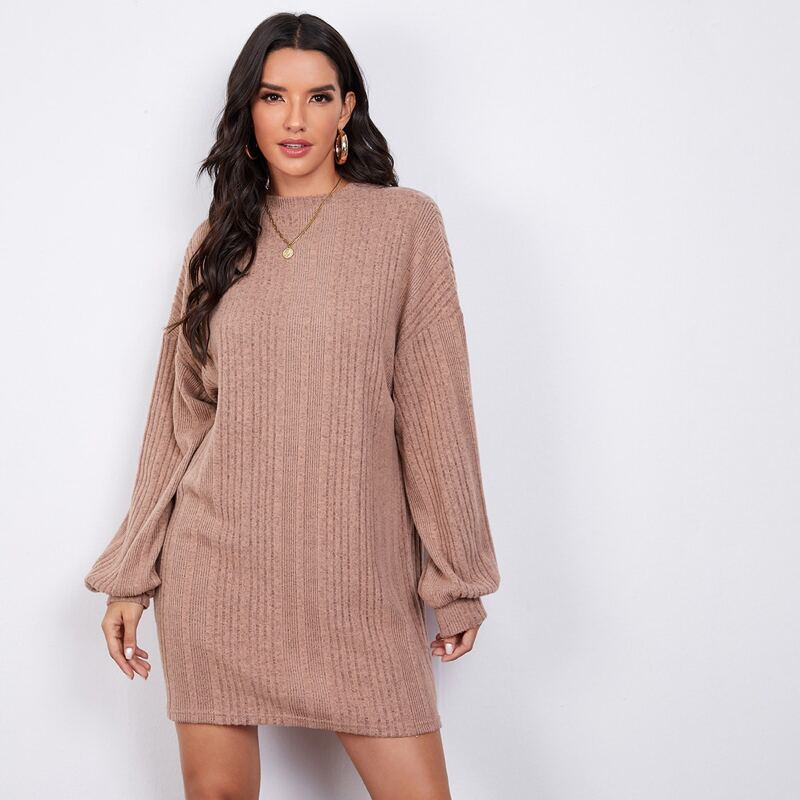 

Drop Shoulder Rib-knit Tee Dress Without Belt, Dusty pink