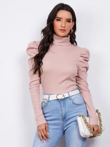 SHEIN Turtle Neck Gigot Sleeve Rib-knit Tee