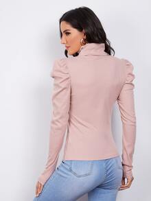 SHEIN Turtle Neck Gigot Sleeve Rib-knit Tee