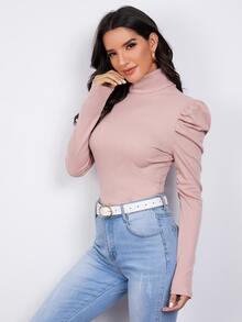 SHEIN Turtle Neck Gigot Sleeve Rib-knit Tee