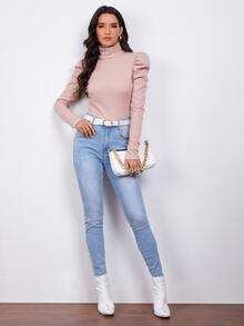SHEIN Turtle Neck Gigot Sleeve Rib-knit Tee
