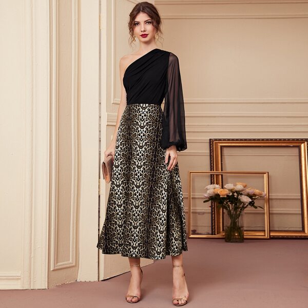 

One Shoulder Sheer Mesh Lantern Sleeve Ruched Top & Leopard Skirt Set, Multicolor