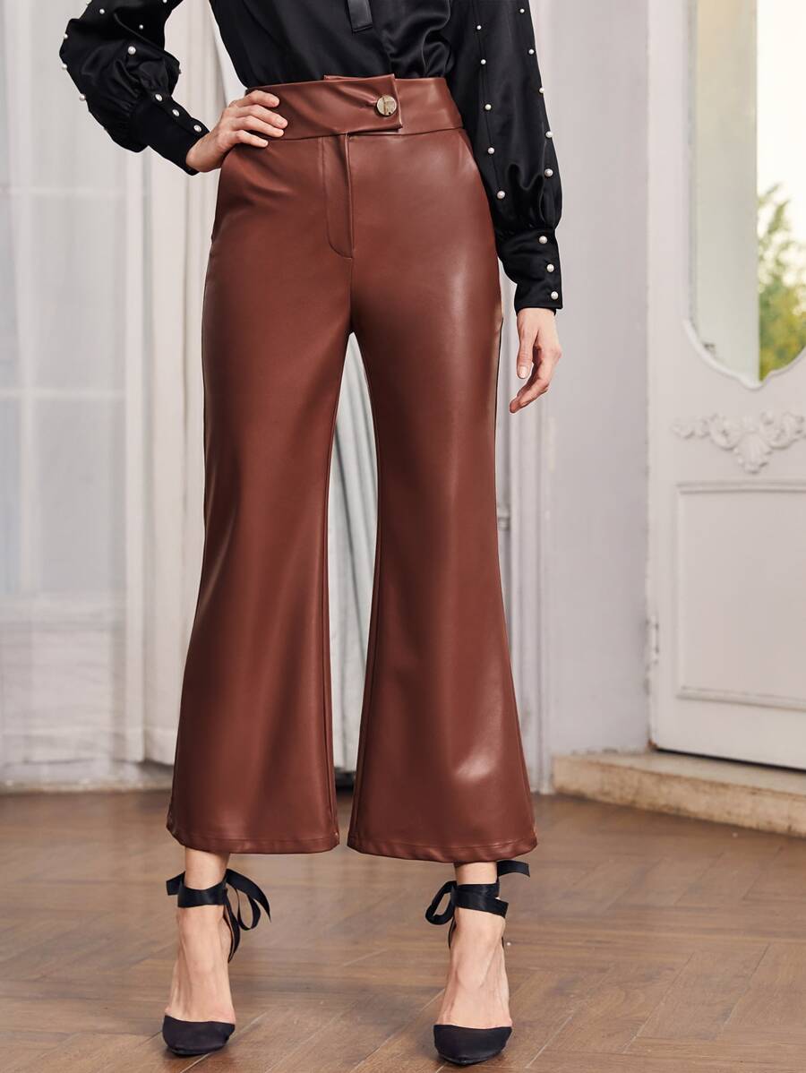 SHEIN Unity Zipper Fly Button Waist Flare Leg PU Pants - Rust Brown - View 1