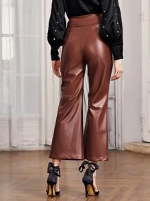 SHEIN Unity Zipper Fly Button Waist Flare Leg PU Pants - Rust Brown - View 2
