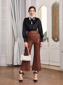 SHEIN Unity Zipper Fly Button Waist Flare Leg PU Pants - Rust Brown - View 3