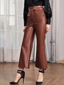 SHEIN Unity Zipper Fly Button Waist Flare Leg PU Pants - Rust Brown - View 4