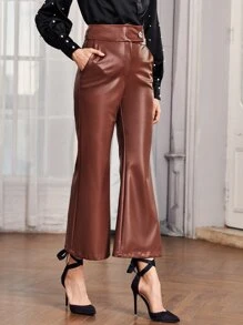 SHEIN Unity Zipper Fly Button Waist Flare Leg PU Pants - Rust Brown - View 5