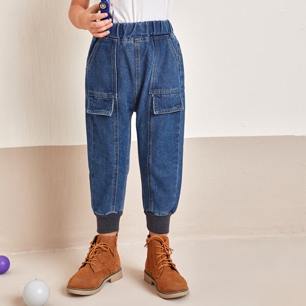 

Toddler Boys Elastic Waist Flap Detail Jeans, Medium wash