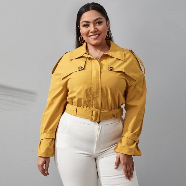 

Plus Drop Shoulder Zipper Placket Buckle Belted Jacket, Mustard yellow