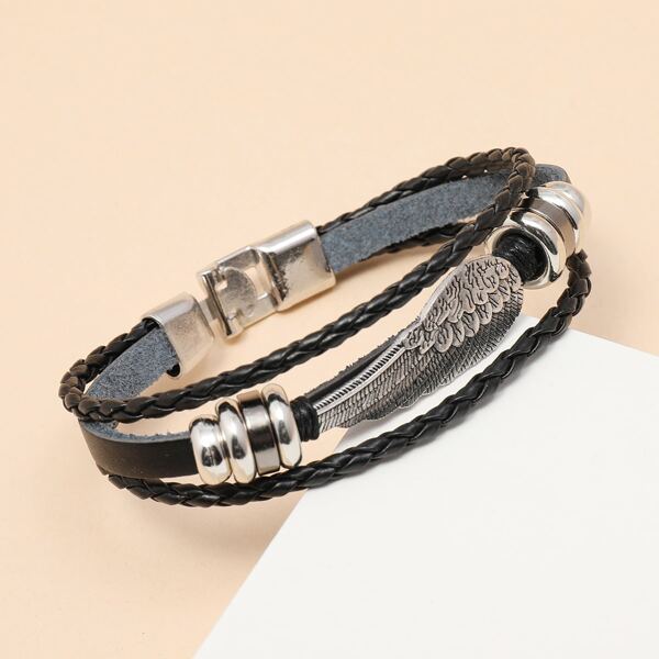 

Men Wing Decor Layered Bracelet, Black