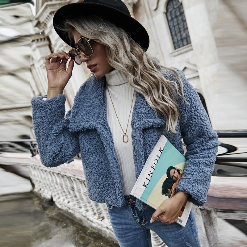 

Waterfall Collar Solid Teddy Jacket, Dusty blue
